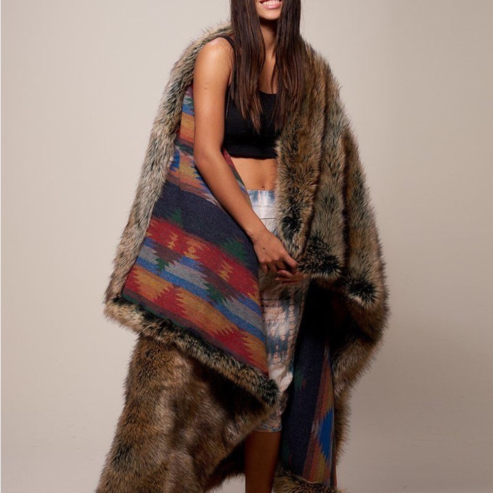 Faux Fur Tribal-Trim Shawl Coat - Brown Multicolor
